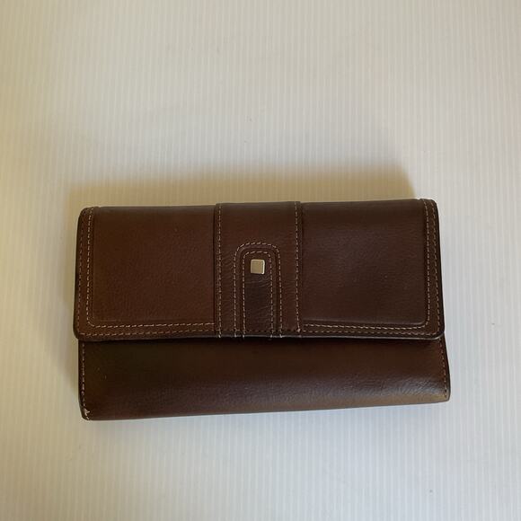 Y2K Brown Genuine Leather Checkbook Wallet Vintage 90s–2000s - Picture 1 of 8